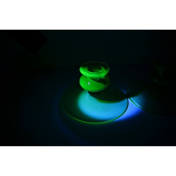 Vtg Pair Uranium Glass Candlestick Holders Green Depression Glass - Picture 6 of 11